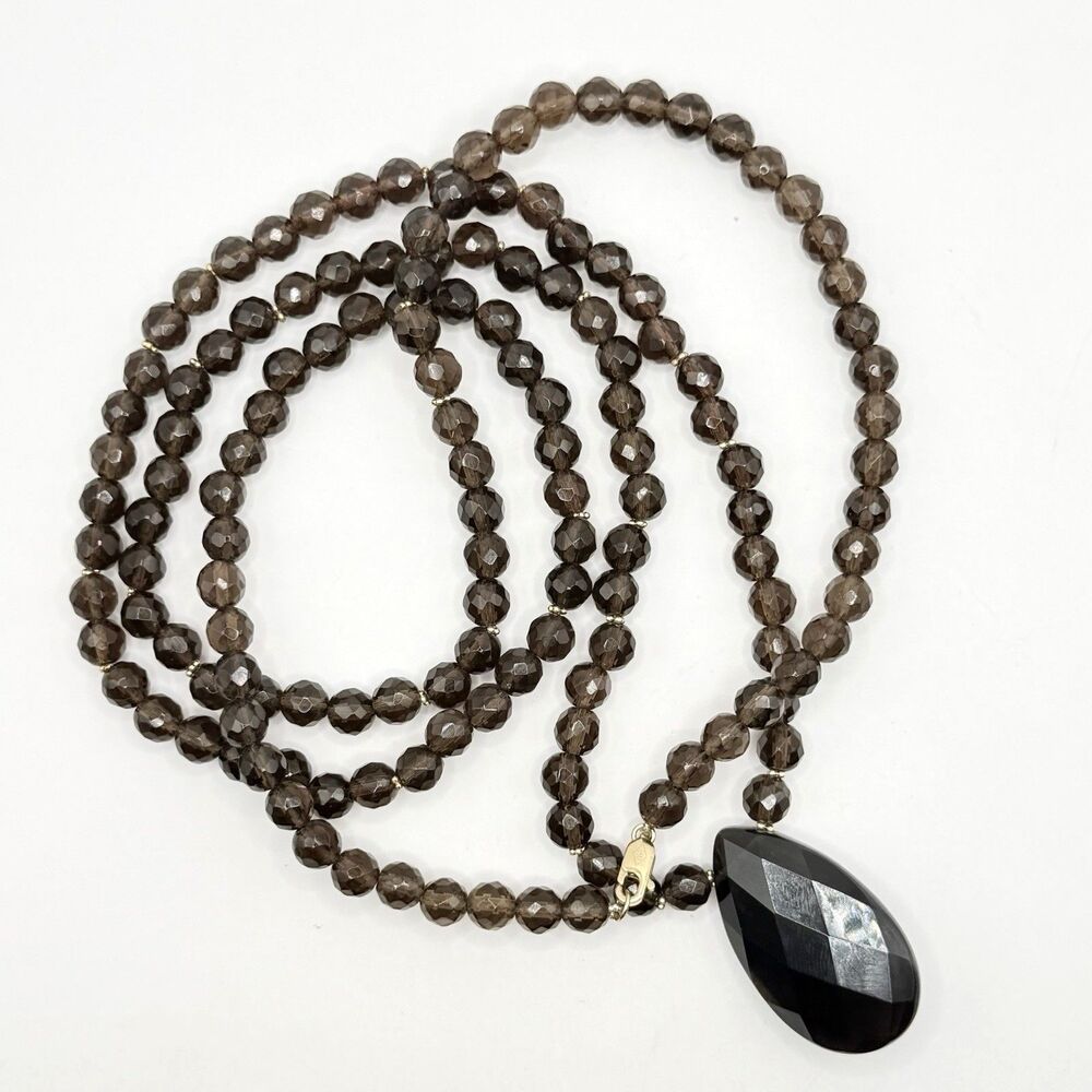 Smoky Quartz 585 14k Gold Long Faceted Teardrop Pendant Necklace 34” IWI Estate